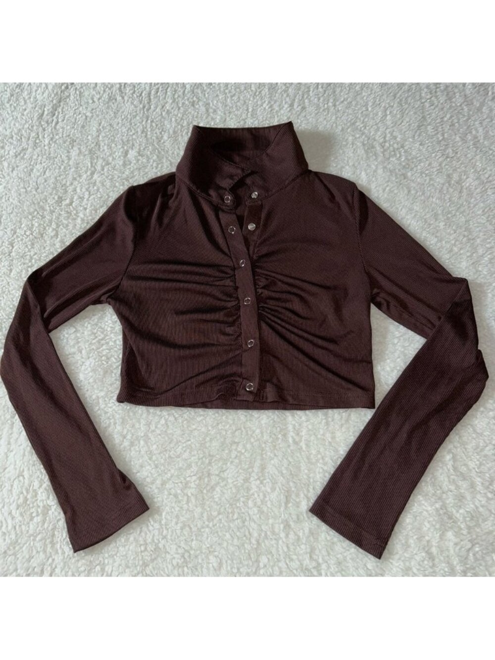 Shein Brown Ruched Front Collared Button Up Cropped Blouse Medium